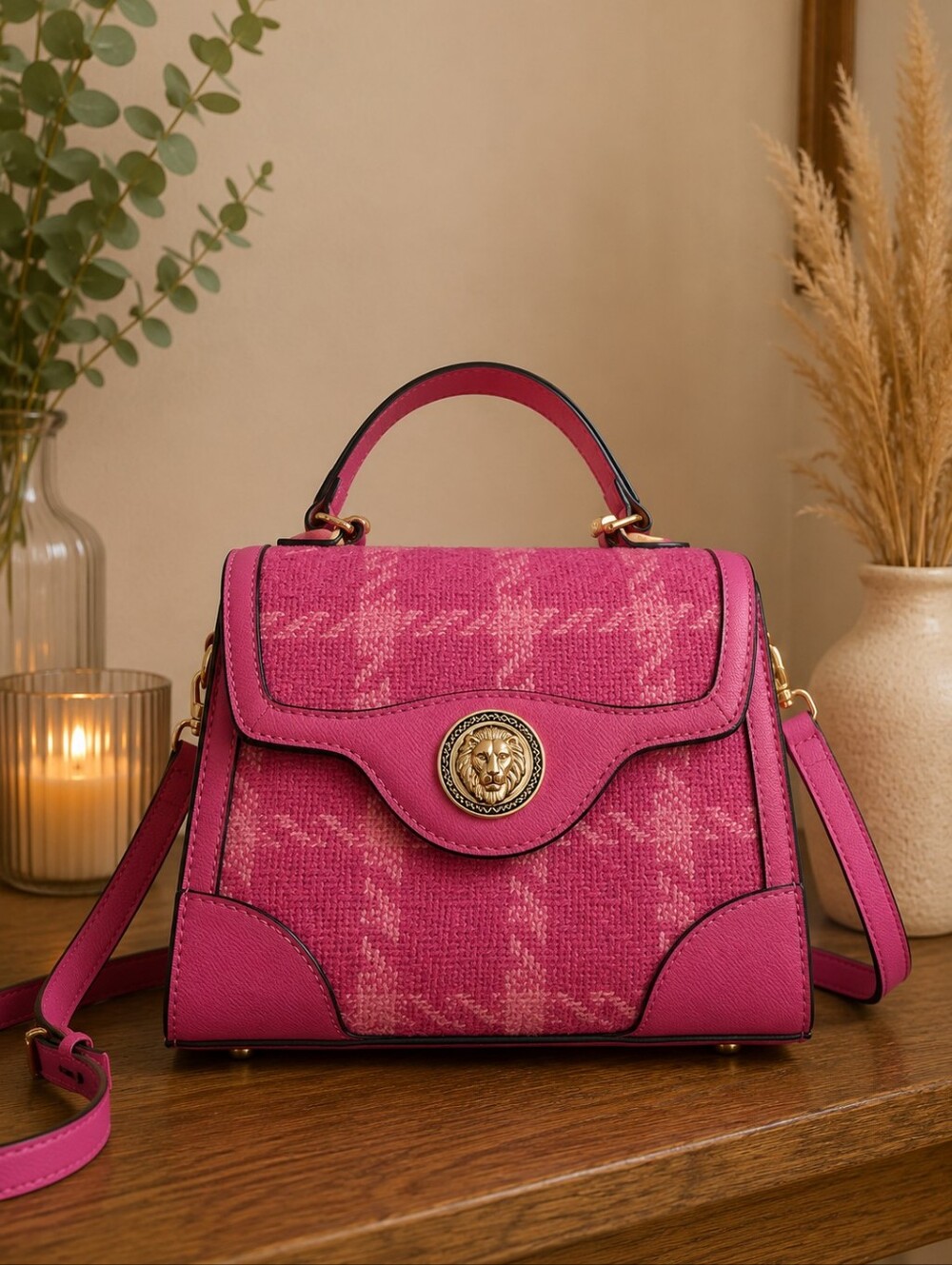 ALDO Pink Tweed Top Handle Crossbody Satchel Lion Medallion Bag